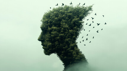 Poster - A man with a dense forest growing from his back, small birds nesting in the branches, symbolizing a