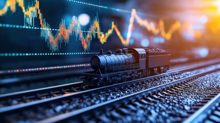 Poster - A coal train moving along a track that transforms into a rising price graph.