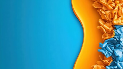 Fototapete - Abstract Image of Wavy Bright Orange Shape Distinguishing Solid Bright Blue Background from Textured Crumpled Orange Blue Forms in Contrast