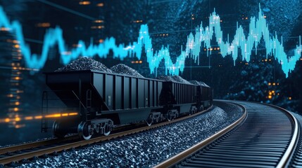 Poster - A coal train moving along a track that transforms into a rising price graph.
