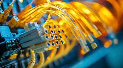 Aufkleber - Close-up of fiber optic cables connected to a network device.