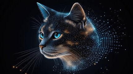 Poster - Colorful neon cat illustration shines bright on black background, adorned with glowing stars and sparkles, showcasing intricate details