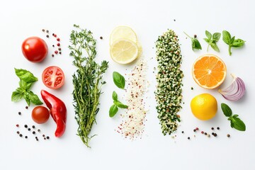 Poster - Culinary Freshness Arrangement of Vibrant Produce and Spices in Minimalist Style overhead food photo