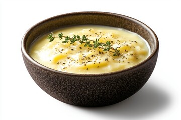 Poster - Creamy potato soup in a brown bowl garnished with fresh thyme twig against white background