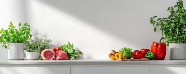 Poster - Fresh Food Still Life on Bright Countertop Juicy Meat Bell Pepper Herb and Tomato Composition Sunny Kitchen