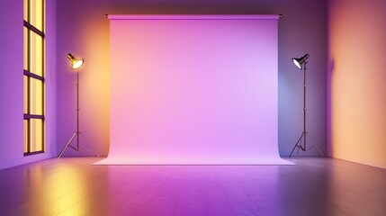 Poster - Minimalist Photography Studio with Blank Backdrop and Adjustable Lighting Displaying Warm and Cool Hues Casting Beautiful Shadows on the Floor