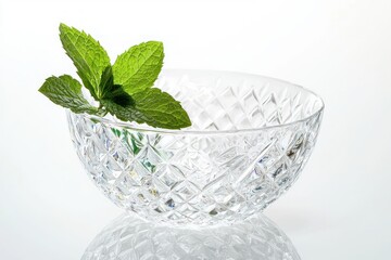 Aufkleber - Crystal bowl with fresh mint sprig against white backdrop a vibrant presentation of natural aesthetics