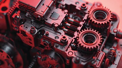 Poster - Close Up of Intricate Mechanical Assembly Precision Engineering and Design of Gears and Components in Vibrant Red Technology