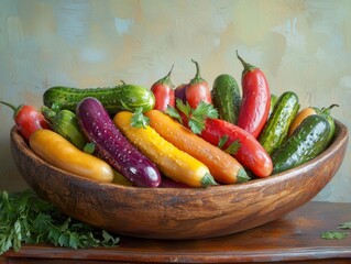 Poster - Vibrant display of fresh assorted cucumbers and vegetables in wooden bowl on rustic wooden surface