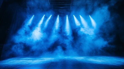 Poster - Blue stage lights illuminate smoky dark room.