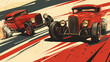 © +27.000 BOU - Hot Rod Race: Two vintage hot rods blur past in a stylized, graphic illustration, evoking a sense of speed and adrenaline. The dynamic composition emphasizes the power and sleekness of the vehicles.