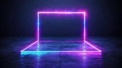 Poster - A glowing neon-lit square frame with vibrant pink and blue hues resting on a dark reflective surface creating a futuristic ethereal atmosphere
