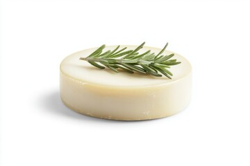 Poster - Artisanal Cheese Round Delicacy with Fresh Rosemary Garnish on White Background Appetizing Gourmet Delight