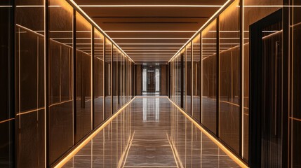 Poster - Elegant Modern Corridor Illuminated by Striking Strip Lighting Emphasizing Perspective and Spatial Depth Architecture Design