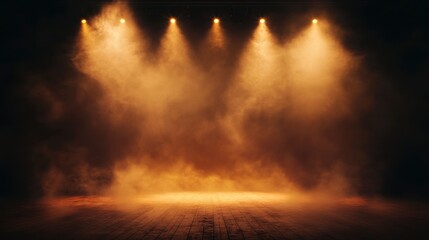 Poster - Dark stage with warm spotlights, smoky atmosphere, and wooden floor.