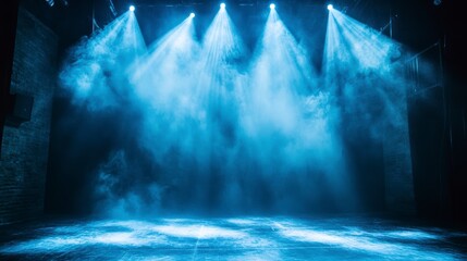 Poster - Blue stage lights illuminate smoky dark stage.