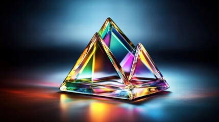 Poster - Vibrant Iridescent Glass Pyramid Sculpture Composed of Two Smaller Pyramids on Dark Reflective Surface Under Colorful Dramatic Lighting Displayed