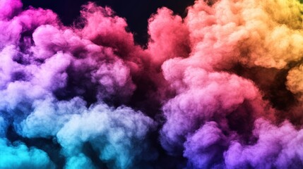 Poster - A dynamic display of swirling multicolored smoke in vibrant hues of pink, orange, yellow, teal, and purple against a deep dark background fills the frame