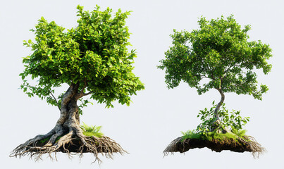 two lush green trees, exposed roots, isolated, nature, design element