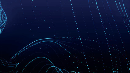 Poster - Dynamic wave of glowing particles. Abstract dotted lines on dark background. Chaotic colored lines. Motion effect. Vector illustration