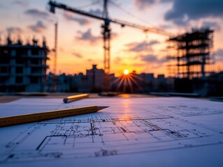 Poster - A closeup of model on blueprints essence construction cranes at sunset