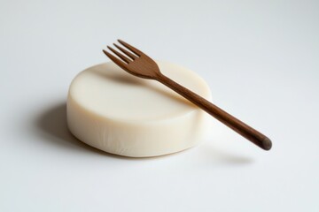Poster - Minimalist Composition Wooden Fork and White Soap Round Against Simple Background Photography Style