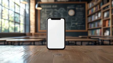 Poster - hand holding smartphone white mockup screen with blurred classroom in the background