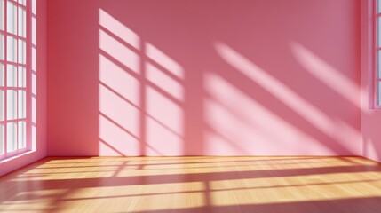 Poster - Sunlight Streaming Through in a Minimalist Room with Pale Pink Walls and Light Wood Floo Creating Dramatic Shadows Across Surfaces