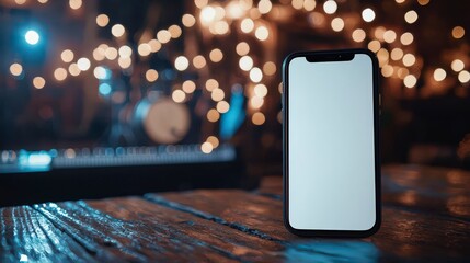 Poster - smartphone white screen on table recording video with smartphone at a concert in the background
