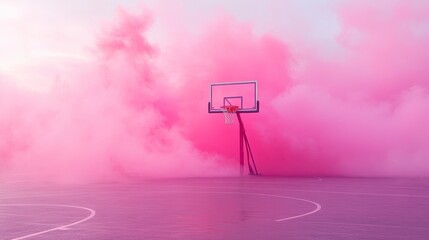 Poster - Pink smoke engulfing an outdoor basketball hoop on a court. (1)