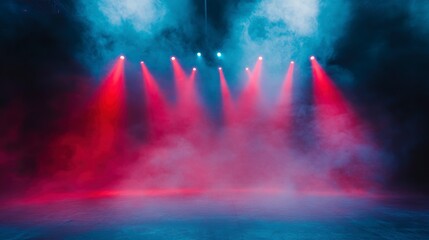 Poster - Red and blue stage lights illuminate smoky atmosphere.