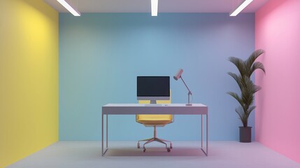 Poster - Interior design with colorful accent walls featuring computer desk chair lamp and indoor plant