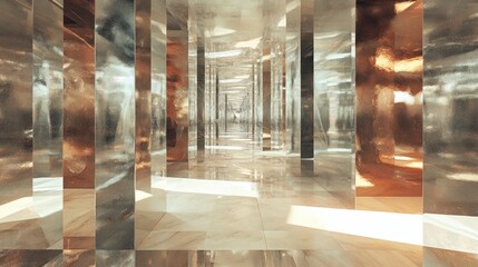 Poster - Captivating perspective of long corridor with multiple glass panels reflections and shining stone floor abstract and geometric hall futuristic art