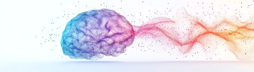 Poster - Luminous brain illustration with dynamic neural networks and synaptic activity, white background, emphasizing learning, intelligence, and generative AI