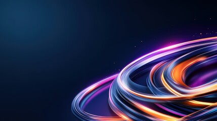 Poster - Abstract Digital Art of Luminous Swirling Concentric Circles in Vibrant Shades of Purple Orange and Blue Set Against a Dark Background