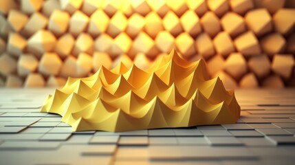 Poster - A stunning golden abstract mountain range sculpture with peaks resting on a textured gridded surface and blurred background, digital art masterpiece