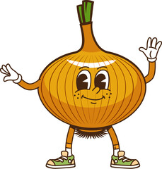 Poster - groovy onion cartoon character with smile and happy face, vector funny vegetable emoji. groovy onion