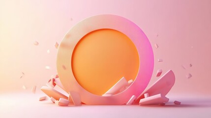 Fototapete - Pink and orange circular frame shatte into fragments against a soft pink background revealing vibrant orange inner circle in a dynamic visual effects design