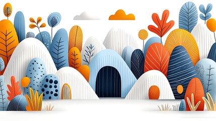 Poster - Colorful autumnal landscape with stylized trees and hills
