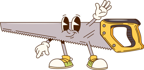 Poster - cartoon groovy hand saw character or work tool for diy construction, vector personage. funky groovy 