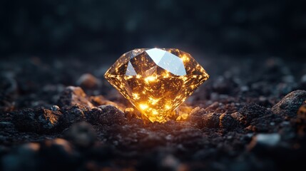 Poster - A Radiant Glowing Diamond led Among Dark Rough Stones in a Photorealistic 4K High Fidelity AI-Generated Image Showcasing Its Internal Brilliance