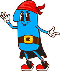 Fototapete - Cartoon groovy math number 1 pirate in corsair bandana, vector character. Funny groovy math number One 1 as Caribbean pirate skipper or boatswain seaman and corsair cartoon character with happy face