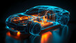 © +27.000 BOU - Electric Vehicle Blueprint: Futuristic car blueprint, revealing its inner mechanics, electrical system and engineering ingenuity. A neon-lit display, perfect for automotive and technological designs.