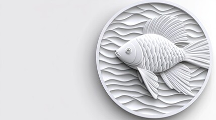 Poster - A white goldfish floats above ripples in a minimalist style, highlighting its detailed scales and fins with high-contrast lighting