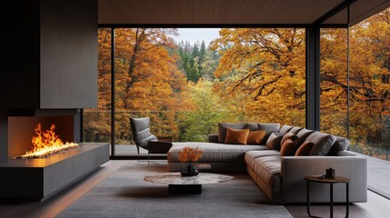Poster - A photorealistic rende of a contemporary living room with a large sectional sofa modern armchair and stylish fireplace in a bright airy atmosphere