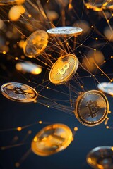 Poster - A dynamic flow of glowing holographic coins in an abstract setting