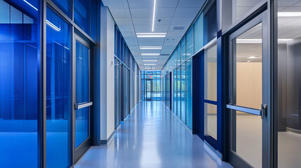  Photograph of a hospital corridor with doors and glass walls, featuring a blue color scheme and bright lighting.