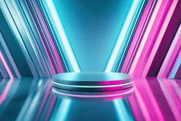Poster - futuristic podium with glossy surface and vibrant neon lighting surrounded by abstract reflections and generous copy