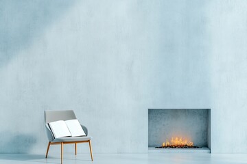 Poster - minimalist shot of open journal on chair beside sleek modern fireplace clean and organized layout providing space for