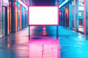 Poster - minimalistic empty neon sign in urban environment casting vibrant reflections on pavement